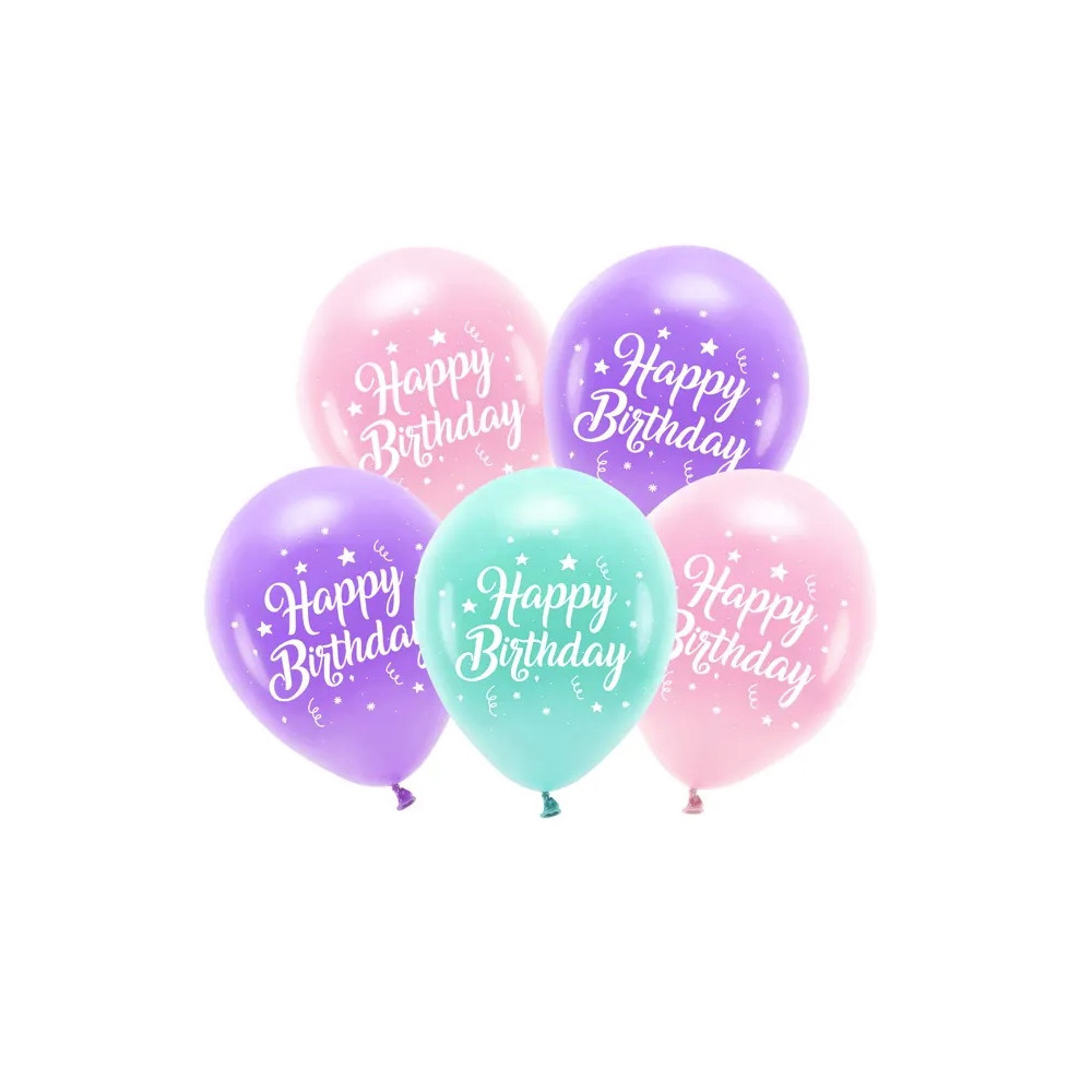 Balony lateksowe Eco, Happy Birthday - różowe, 26 cm, 5 szt.