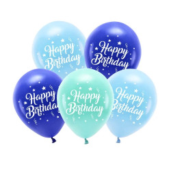 Balony lateksowe Eco, Happy Birthday - niebieskie, 26 cm, 5 szt.