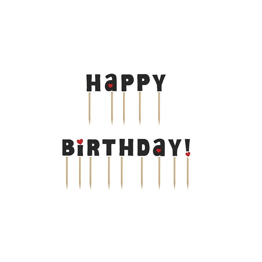 Cake topper Happy Birthday! - black, 9,2 cm, 14 pcs.