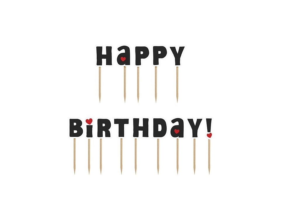 Topper na tort Happy Birthday! - czarny, 9,2 cm, 14 szt.