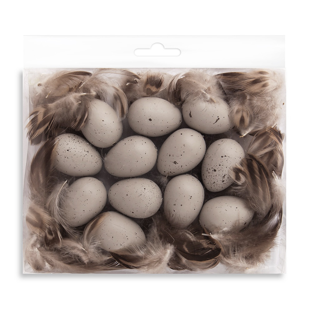 Quail eggs with feathers - beige, 4 cm, 12 pcs.
