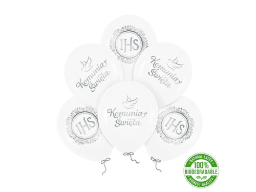 Balony lateksowe Komunia Święta - biało-srebrne, 30 cm, 6 szt.