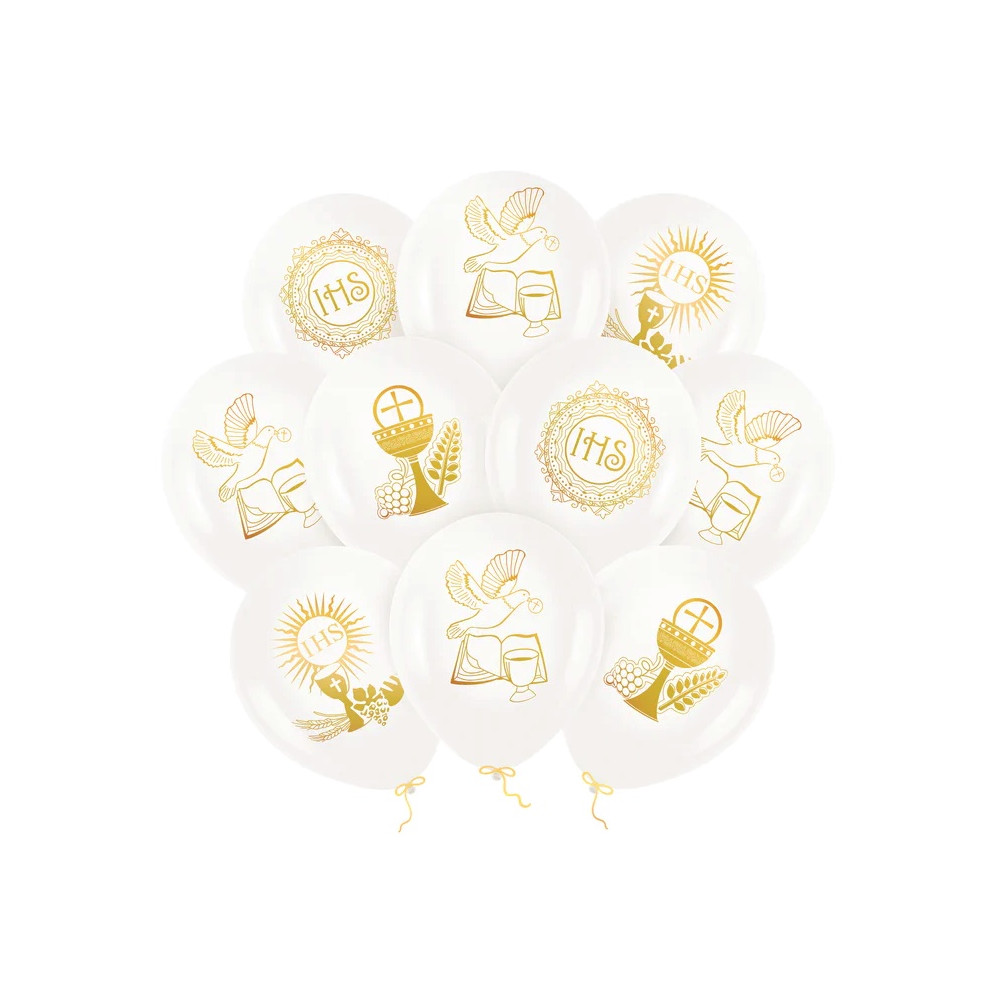 Balony lateksowe Komunia Święta - biało-złote, 30 cm, 10 szt.