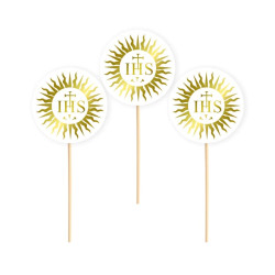 Paper cake toppers IHS - white and gold, 10 cm, 6 pcs.