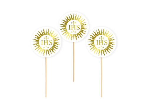 Paper cake toppers IHS - white and gold, 10 cm, 6 pcs.
