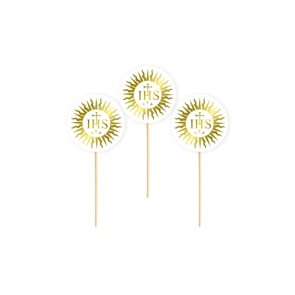 Paper cake toppers IHS - white and gold, 10 cm, 6 pcs.