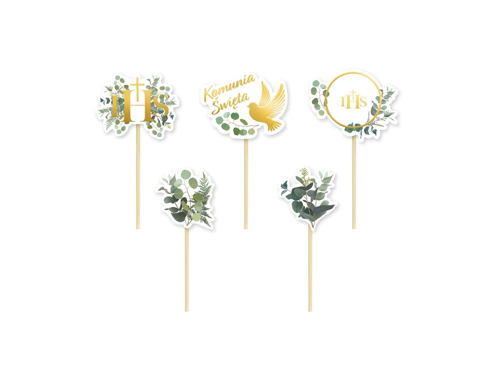 Paper cake toppers Komunia Święta Eucalyptus - gold, 9 cm, 6 pcs.