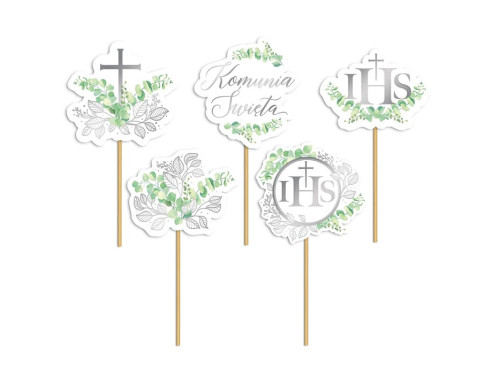 Paper cake toppers Komunia Święta Eucalyptus - silver, 9 cm, 6 pcs.
