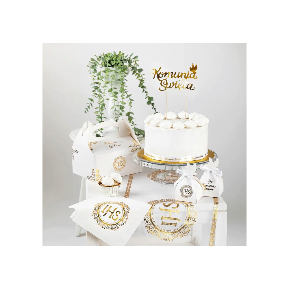 First Communion IHS cake boxes - gold, 10 pcs.