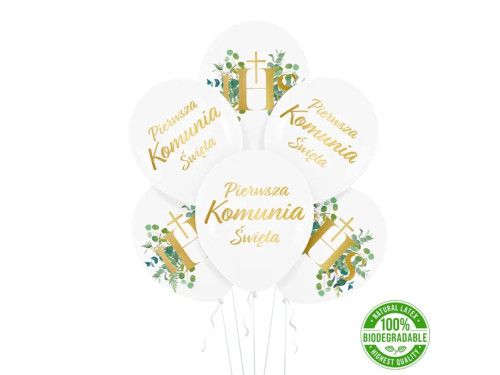 Balony lateksowe Komunia Święta IHS - biało-złote, 30 cm, 6 szt.