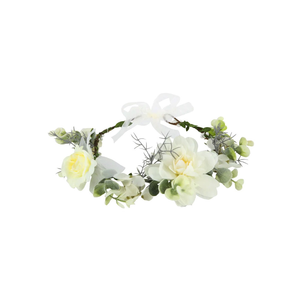 Wianek, opaska na głowę z kwiatami - biało-zielona, 17 cm