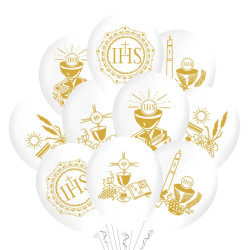 Balony lateksowe Komunia Święta IHS - biało-złote, 30 cm, 10 szt.