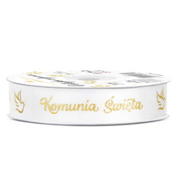 Satin ribbon Komunia Święta - white and gold, 15 mm x 20 m
