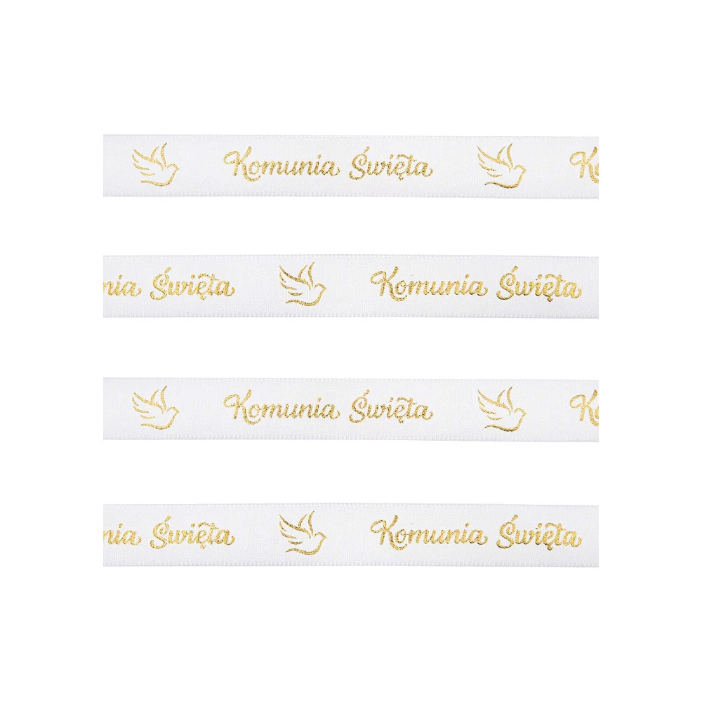 Satin ribbon Komunia Święta - white and gold, 15 mm x 20 m