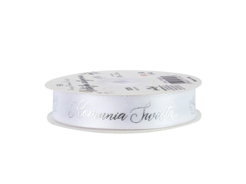 Satin ribbon Komunia Święta - white and silver, 15 mm x 20 m