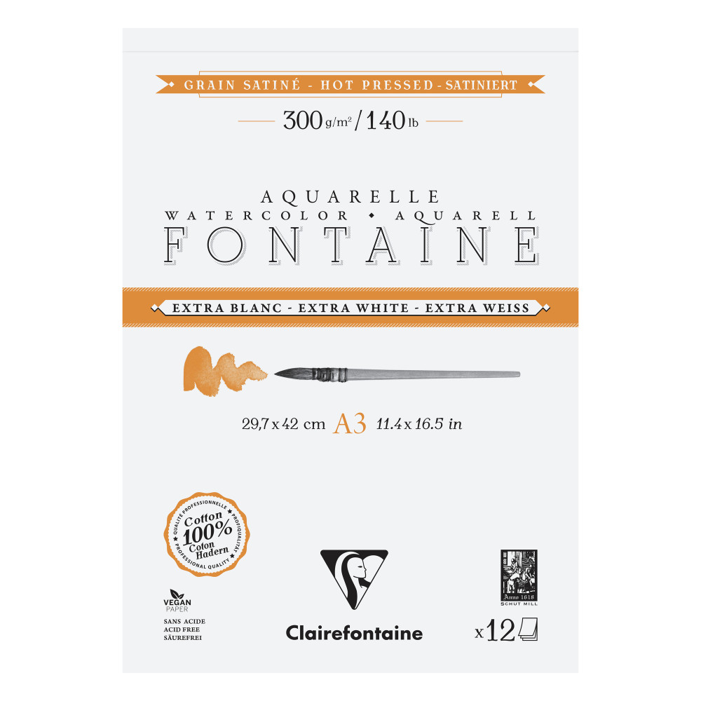 Blok do akwareli Fontaine Watercolour - Clairefontaine - hot pressed, A3, 300 g, 12 ark.