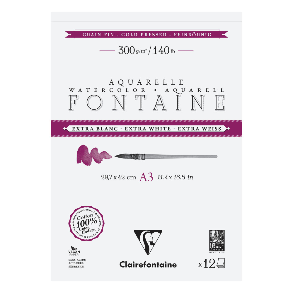 Blok do akwareli Fontaine Watercolour - Clairefontaine - cold pressed, A3, 300 g, 12 ark.
