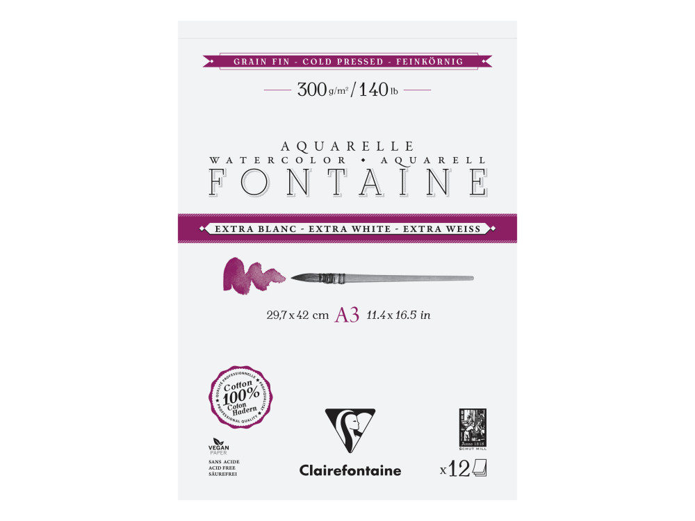 Watercolour Fontaine paper pad - Clairefontaine - cold pressed, A3, 300 g, 12 sheets