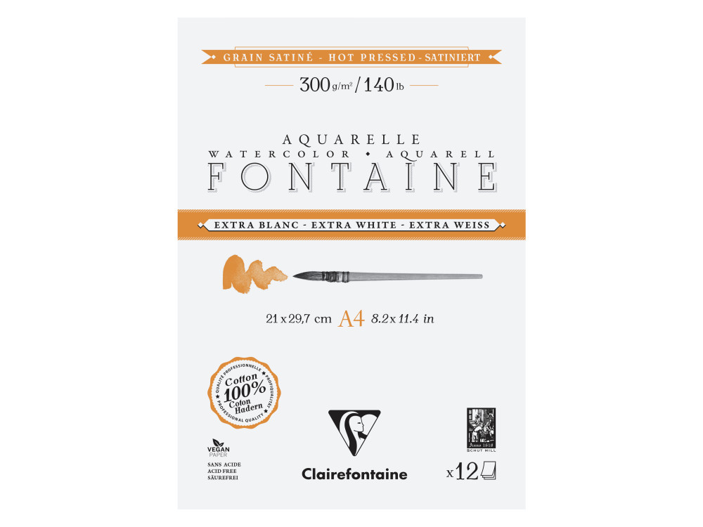 Watercolour Fontaine paper pad - Clairefontaine - hot pressed, A4, 300 g, 12 sheets
