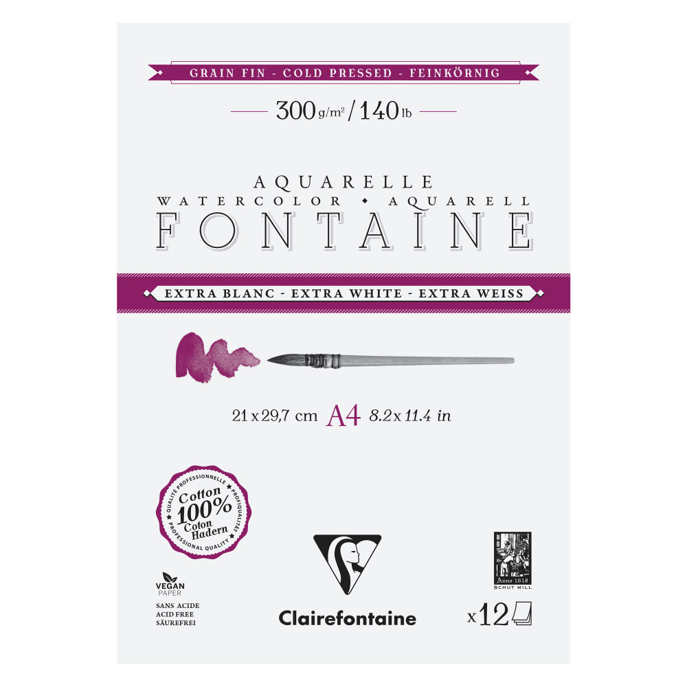Blok do akwareli Fontaine Watercolour - Clairefontaine - cold pressed, A4, 300 g, 12 ark.