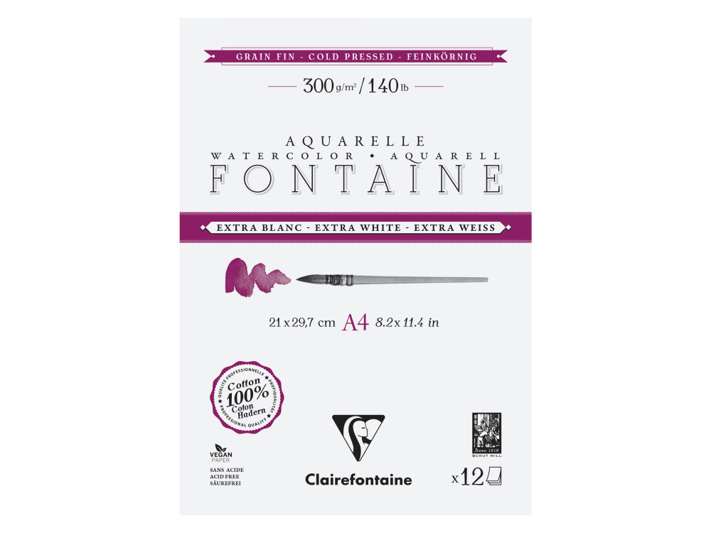 Blok do akwareli Fontaine Watercolour - Clairefontaine - cold pressed, A4, 300 g, 12 ark.