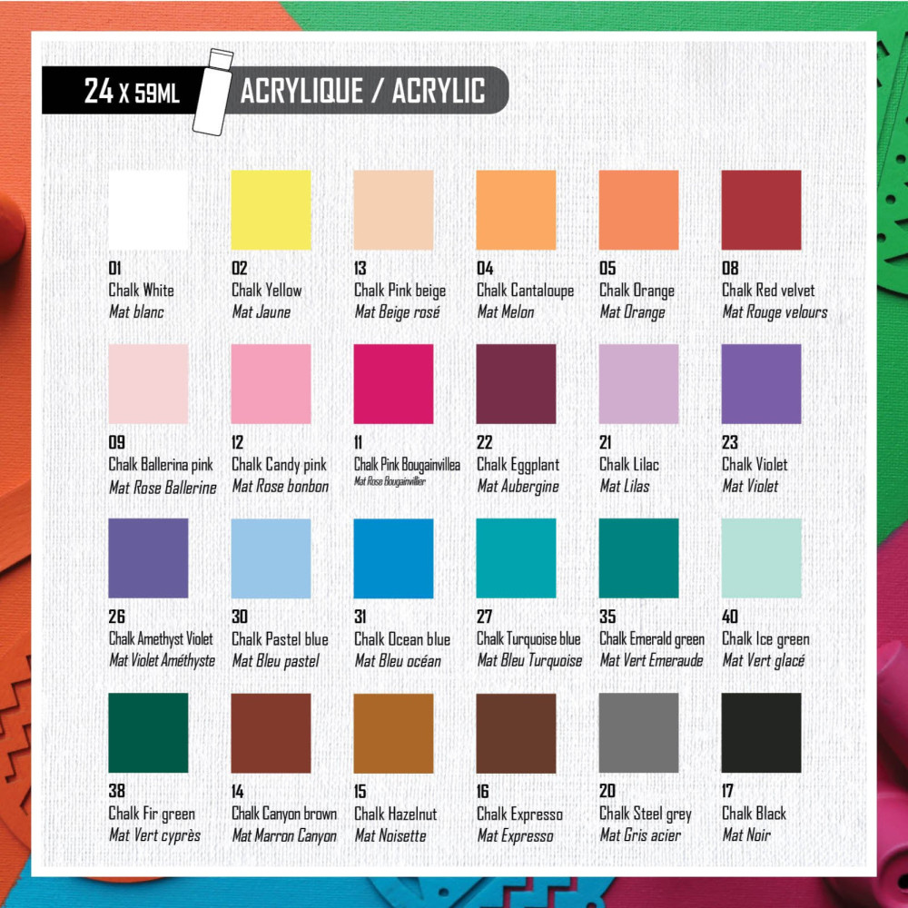 Zestaw farb akrylowych Chalk Colors - Pébéo - 24 kolory x 59 ml