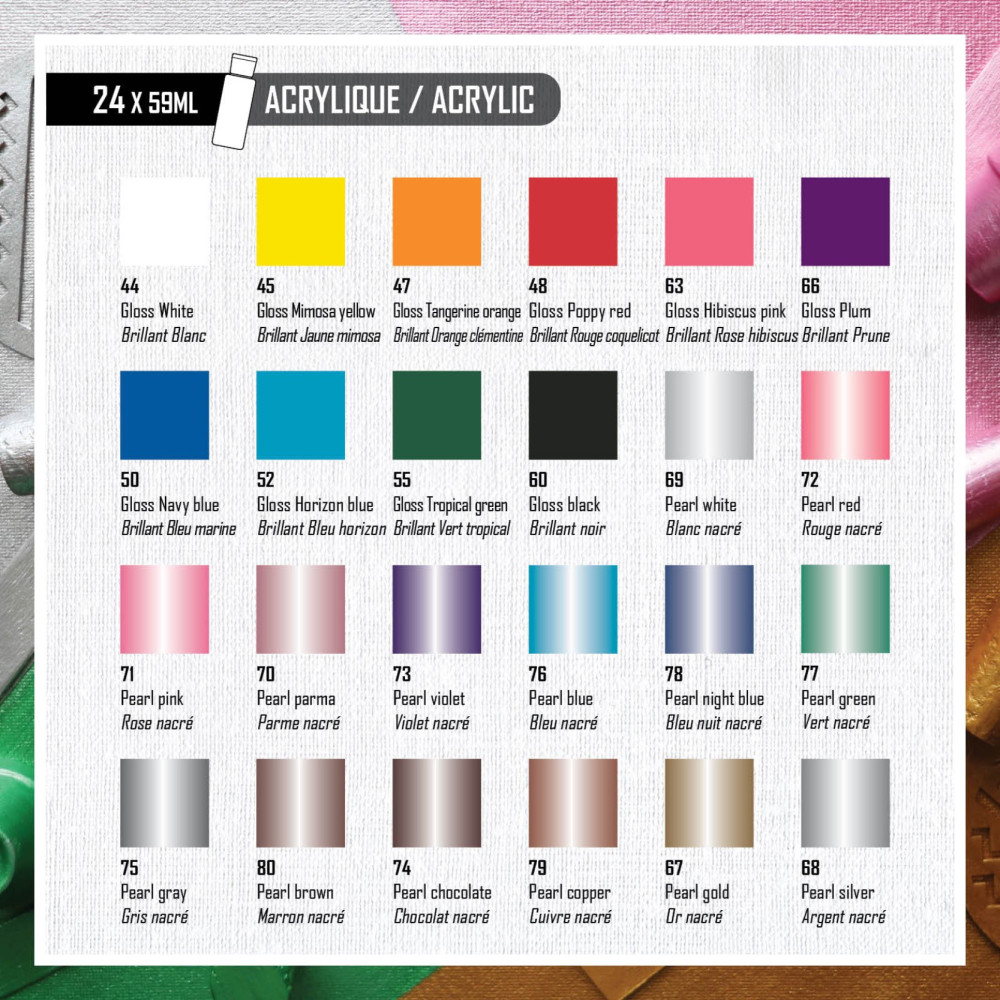 Zestaw farb akrylowych Glossy Colors - Pébéo - 24 kolory x 59 ml