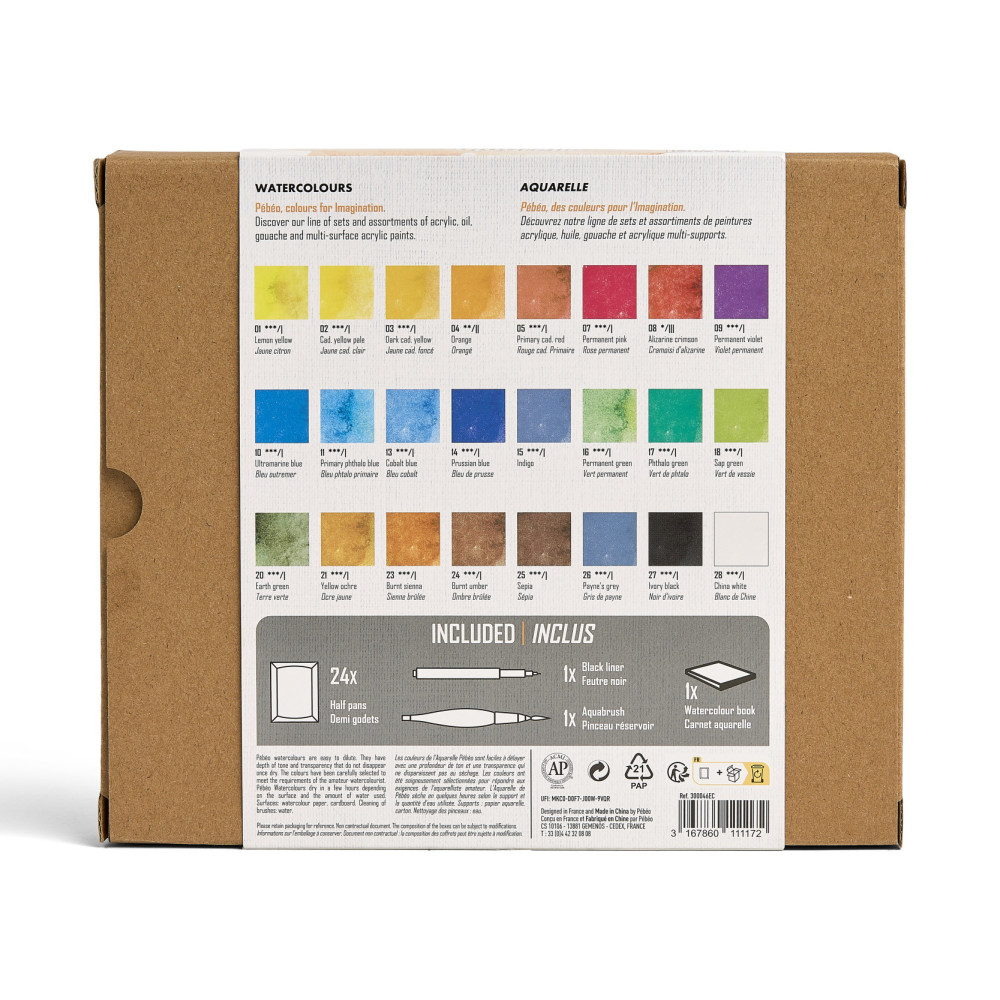 Zestaw farb akwarelowych w półkostkach - Pébéo - 24 kolory