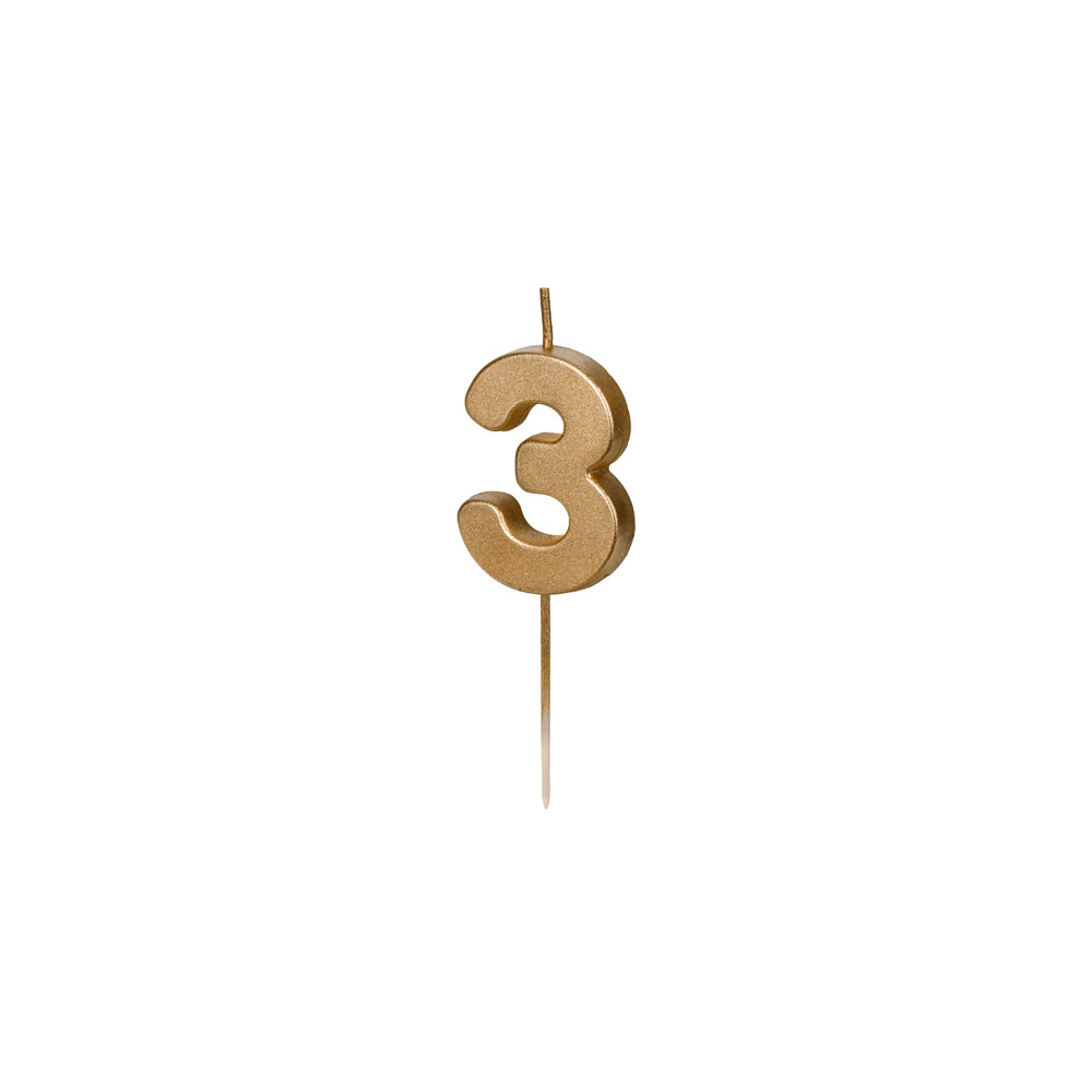 Birthday candle, number 3 - gold, 4,5 cm