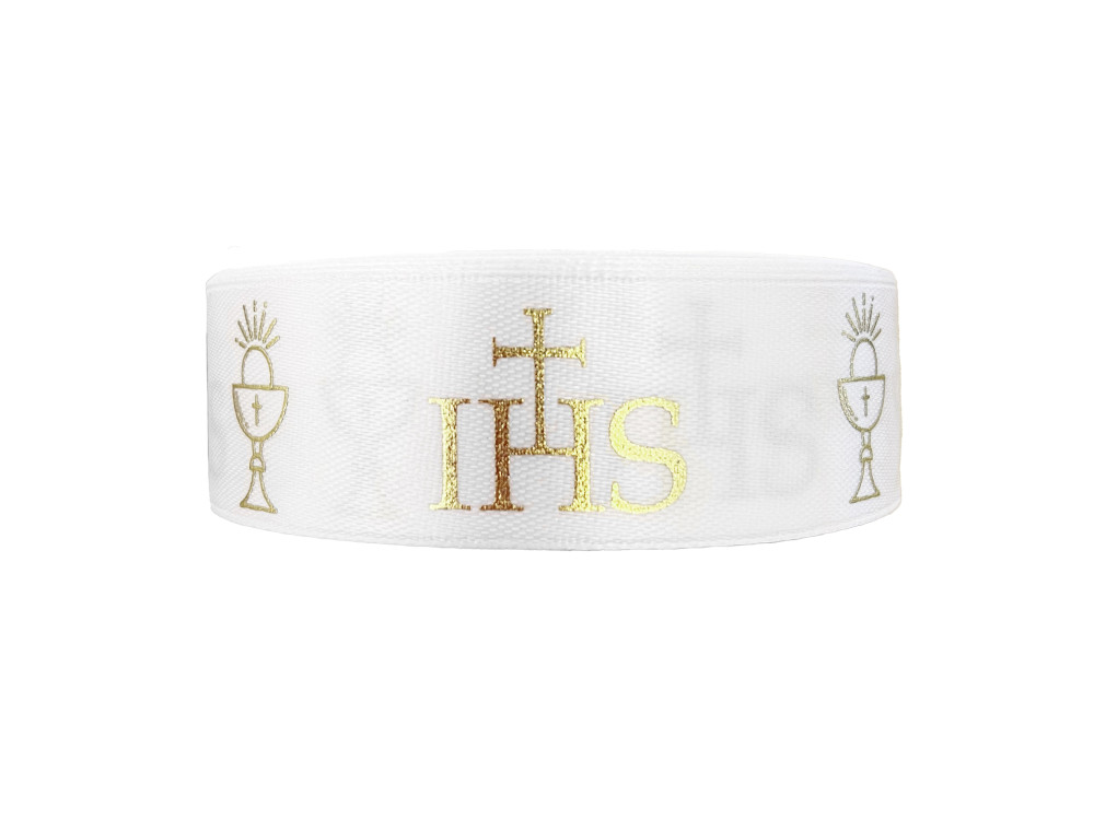 Satin ribbon IHS - white, 25 mm x 22 m