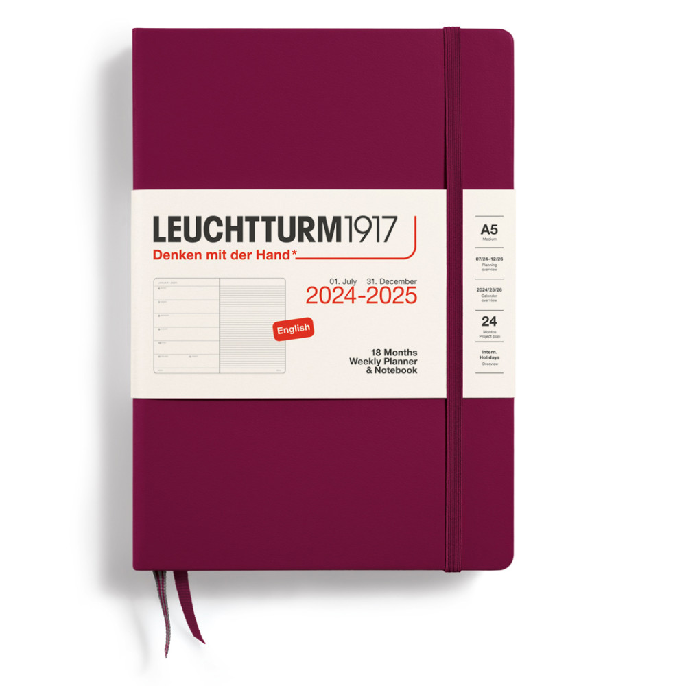 Planer tygodniowy z notatnikiem 2024-2025 - Leuchtturm1917 - Port Red, twarda okładka, A5