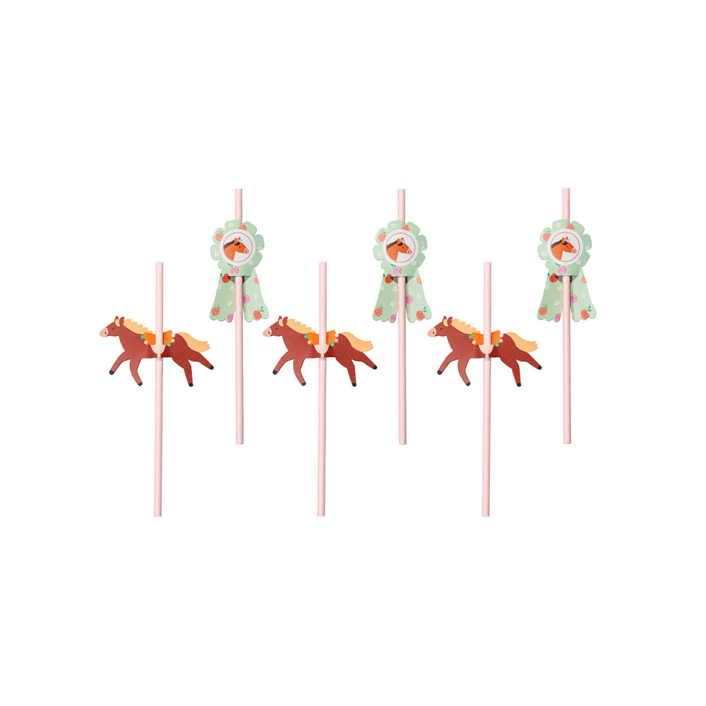 Słomki papierowe Konie - różowe, 19,5 cm, 6 szt.