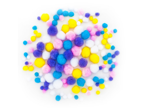 PASTEL ASSORTED POLIESTER POMPOMS, 140 PCS