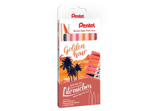 Zestaw pisaków Brush Sign Pen Twin - Pentel - Golden Hour, 6 szt.