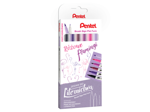 Zestaw pisaków Brush Sign Pen Twin - Pentel - Różowe Flamingi, 6 szt.