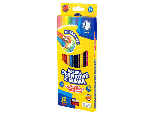 Triangular colored pencils with erasers + sharpener - Astra - 12 pcs.