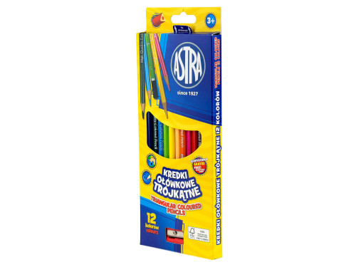 Triangular colored pencils + sharpener - Astra - 12 pcs.