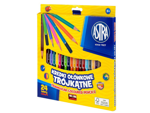 Triangular colored pencils + sharpener - Astra - 24 pcs.