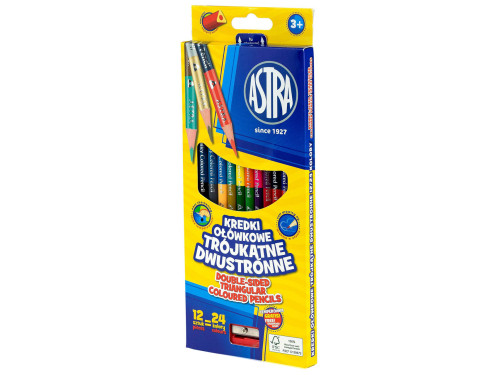 Double-sided triangular colored pencils + sharpener - Astra - 12 pcs.