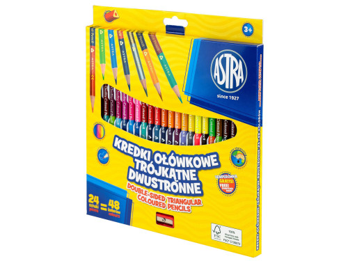 Double-sided triangular colored pencils + sharpener - Astra - 24 pcs.