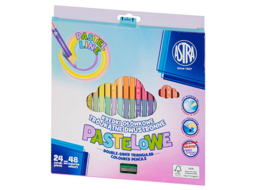 Kredki trójkątne dwustronne + temperówka - Astra - pastelowe, 48 kolorów