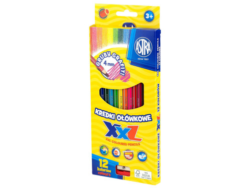 Hexagonal XXL colored pencils + sharpener - Astra - 12 pcs.