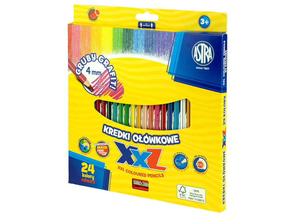 Hexagonal XXL colored pencils + sharpener - Astra - 24 pcs.