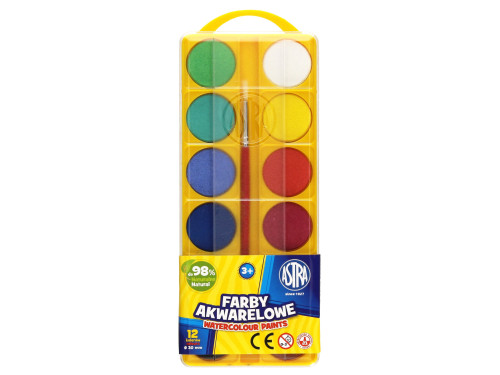 Zestaw farb akwarelowych dla dzieci + pędzelek - Astra - 12 kolorów