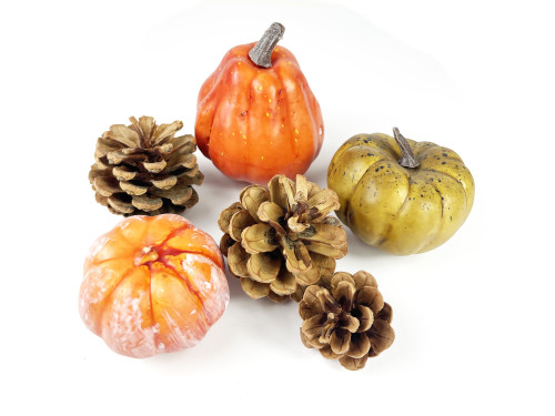 Elements for autumn decorations - pumpkins and cones, 6 pcs.