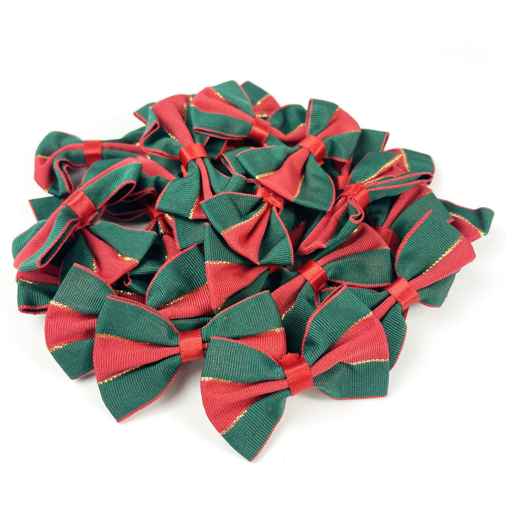 Poliester bows - red, gold and green, 4 x 6 cm, 24 pcs.