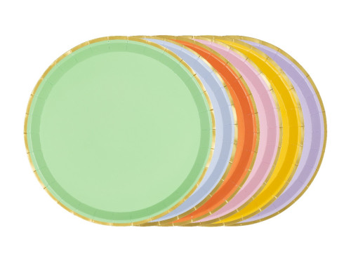 Paper plates with gold edges - 6 colors, 21 cm, 6 pcs.