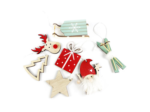Set of wooden pendants - red and green, 6 pcs.