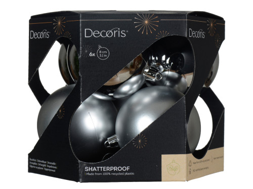 Shatterproof baubles - silver, 8 cm, 6 pcs.