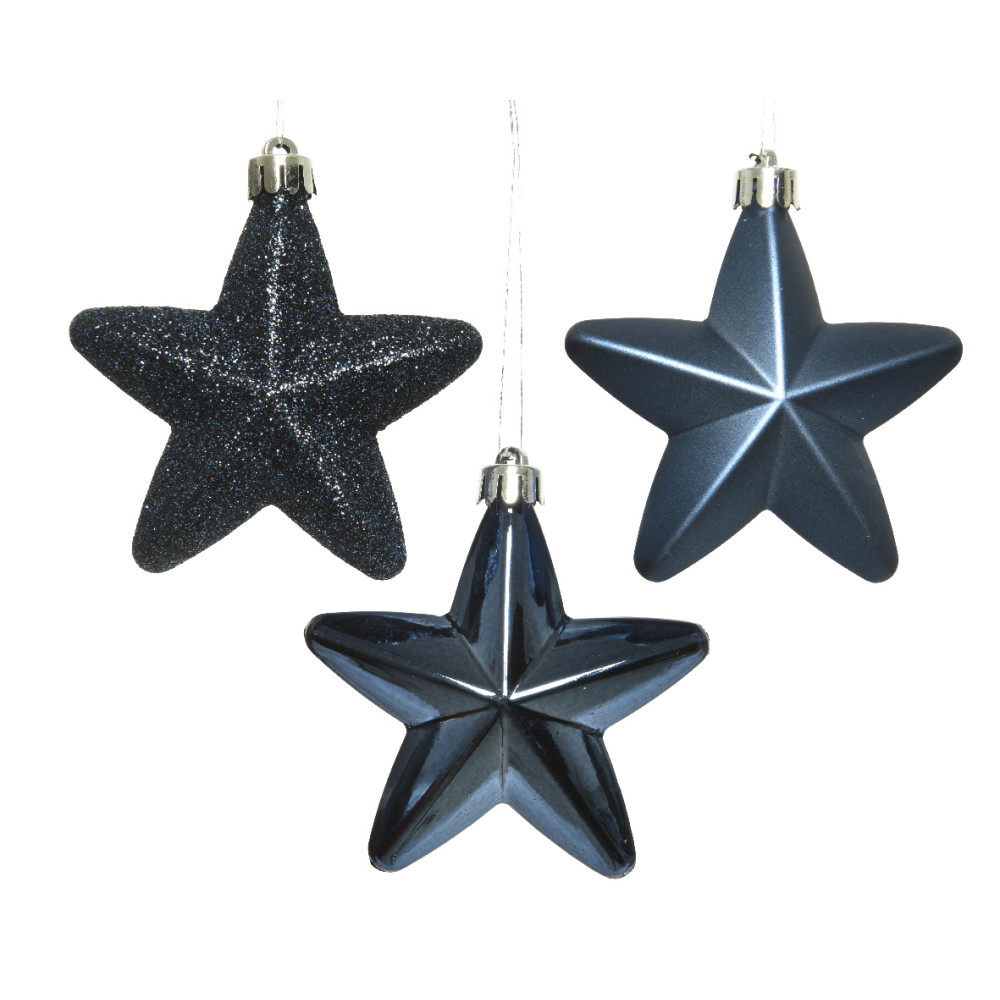 Shatterproof Star baubles - navy blue, 7,5 cm, 6 pcs.